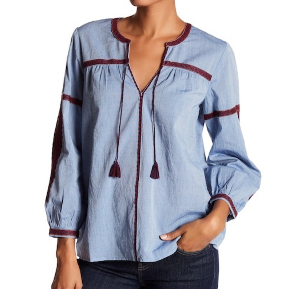 JOIE Embroidered Long Sleeve Chambray Blouse